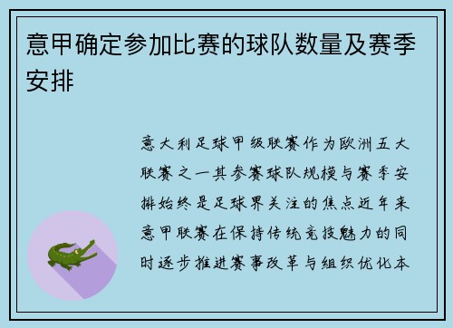 意甲确定参加比赛的球队数量及赛季安排